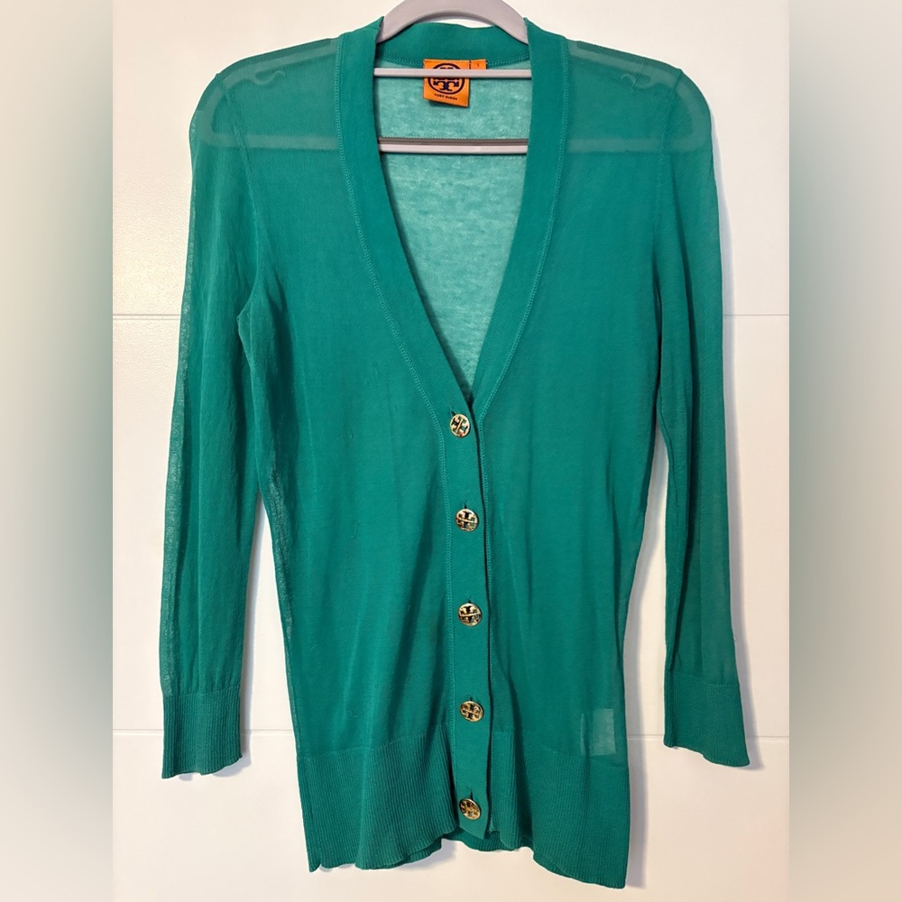 Tory Buch Size Small Emerald Green Cardigan with Gold Buttons. Size Small